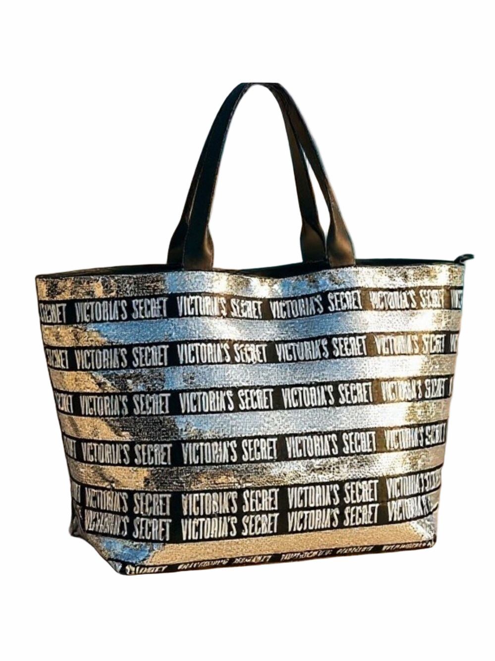 Victoria's Secret Black Metallic Logo Stripe Tote Bag - Picture 1 of 13